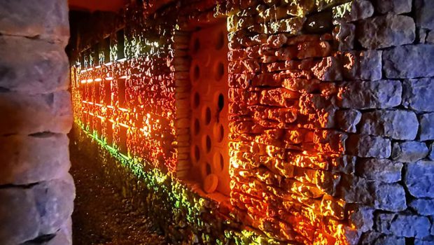 This image is of the passageway between the two chambers at Soulton Long Barrow being illuminated by the Winter Solstice. It shows the double and single niches.